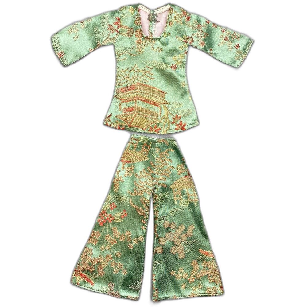 Vintage Barbie Clone Brocade Chinoiserie Top Pants Green Asian 1970s Hong Kong